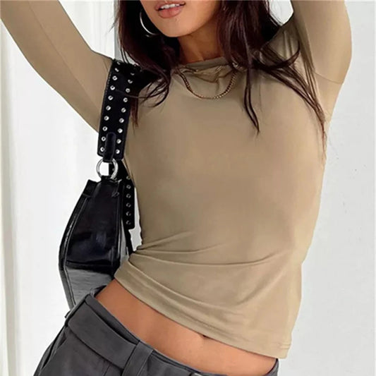 Solid Slim Fit Casual Women Long Sleeve T Shirt Spring Autumn Y2k Streetwear.