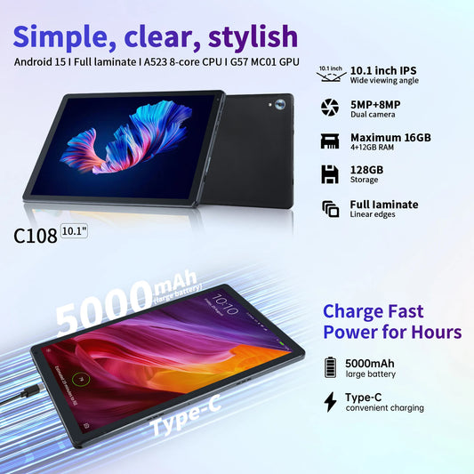 Tablette Android 14 10 pouces, 16 Go de RAM, 128 Go de ROM, extensible à 1 To, Octa-Core, Widevine L1, avec stylet, clavier et souris, pour le travail.