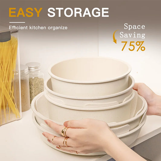 Ensemble de 21 pièces de casseroles et poêles antiadhésives, batterie de cuisine en céramique avec poignées à capteur.
