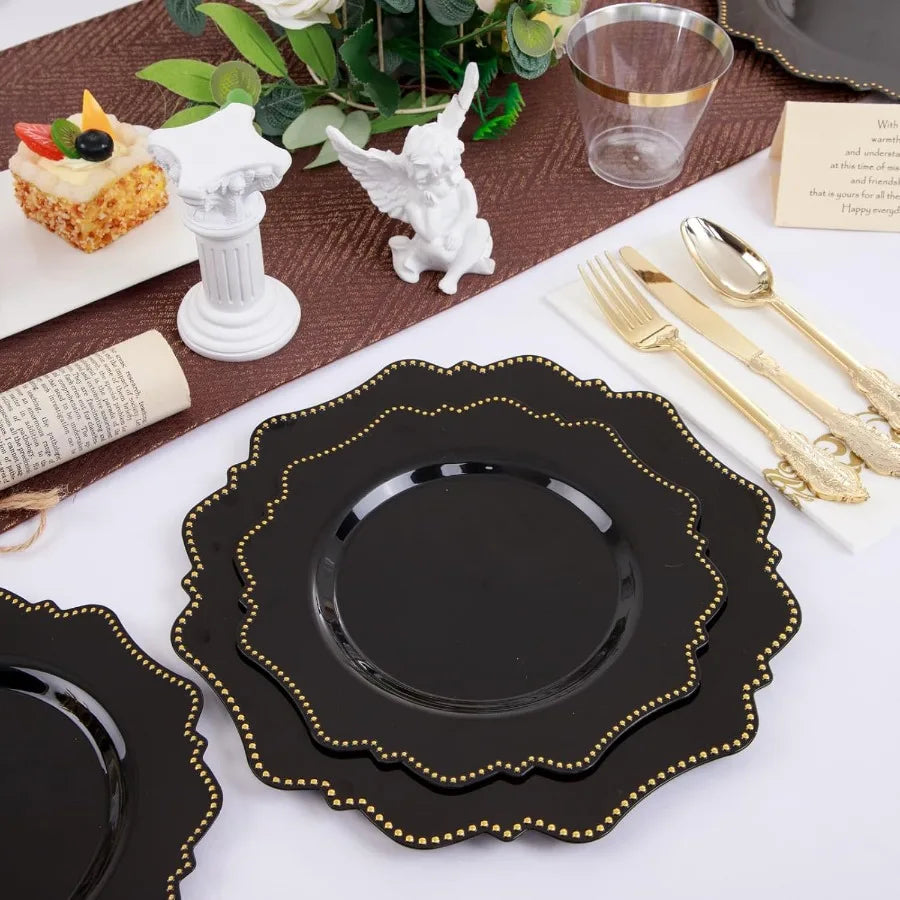 175PCS Black Dinnerware Set with Disposable Silverware for 25 Guests 50 Dinner Plates