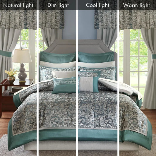 Madison Park Essentials Brystol 24-Piece Bedding Set, with Faux Silk Comforter and Jacquard Paisley Curtains.