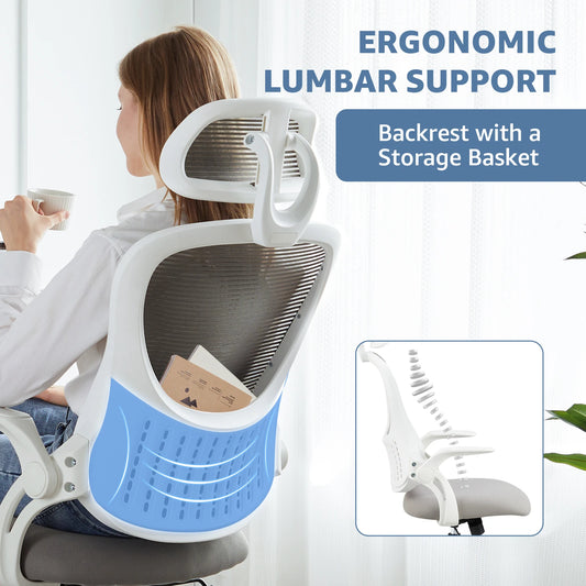 Chaise de bureau ergonomique en maille JHK, accoudoirs relevables, appuie-tête réglables.