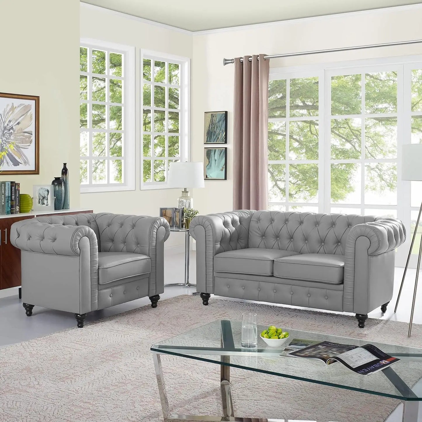2pc Modern Tufted Faux Leather Living Room Sofa Set With Button & Nailhead Trim Scroll Arms, Grey, Customized