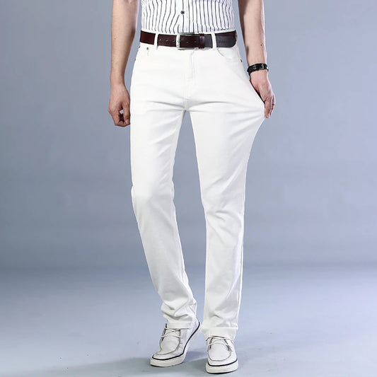 Men's White Jeans Straight Elastic Cotton Denim Pants