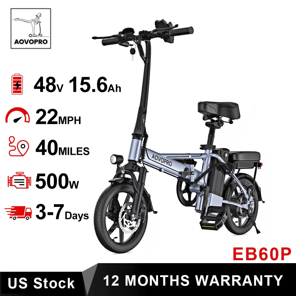 AOVOPRO 14'' EB60 Foldable Electric Bike, 500W 48V 10.4AH Battery, 22MPH Max Speed 28Miles Long Range, with Two Seats for Adult.