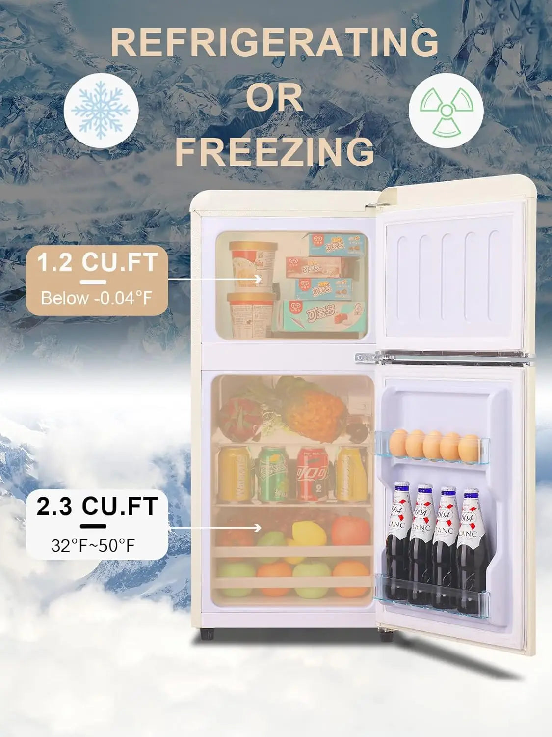 KRIB BLING 3.2 Cu.ft Compact Refrigerator, Mini Fridge with Freezer, Retro Design Small Drink Chiller for Home, Office.