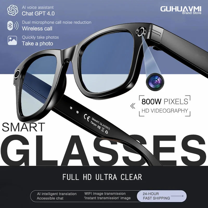 New 8 Million Pixels Camera Smart Glasses, Recording Videos, AI Photo Recognition, Answer Translation, Waterproof Blue light Glasses.
