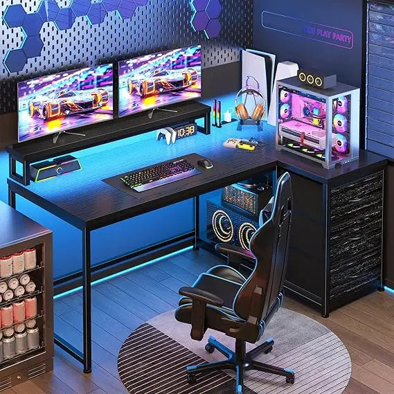 L Shaped Gaming Desk with LED Lights & Power Outlet 48Inch