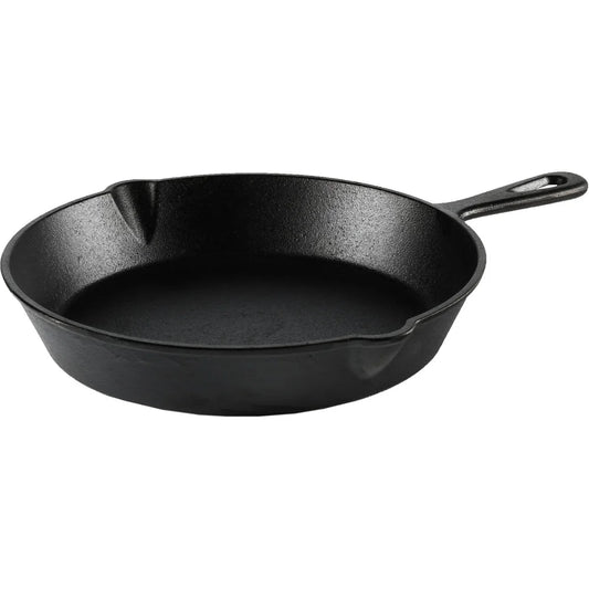 Sartén de Hierro Fundido Pre-sazonado de 10.5 Pulgadas, Distribución de Calor Cocina Versátil Superficie Antiadherente, Seguro para Fogatas Fácil de Verter y Escurrir.