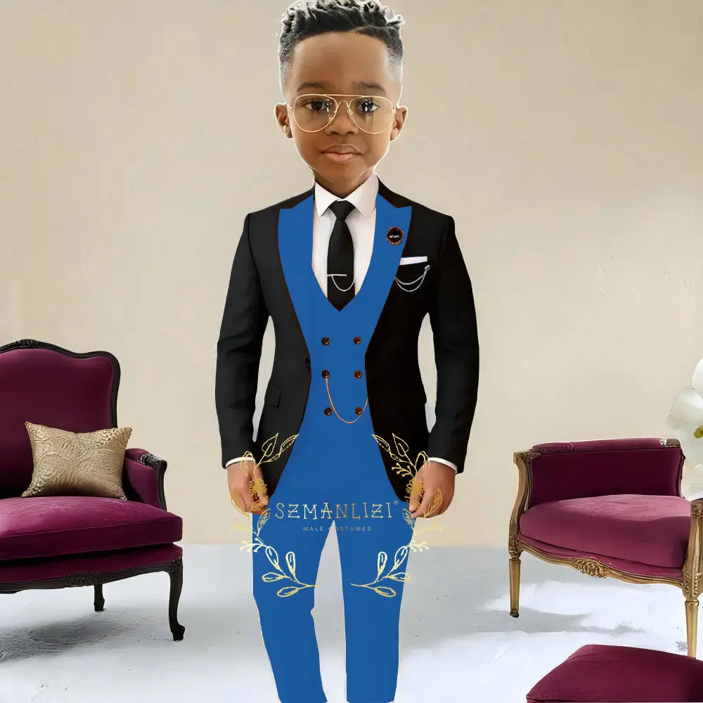 Boys Suit , Tuxedo Black Jacket, Beige Pants ,Vest 3 Pieces Set Kids 2-16 Years Old.