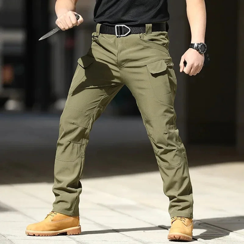 Men Waterproof Cargo Pants, Elastic Multiple Pocket Military Trousers.
