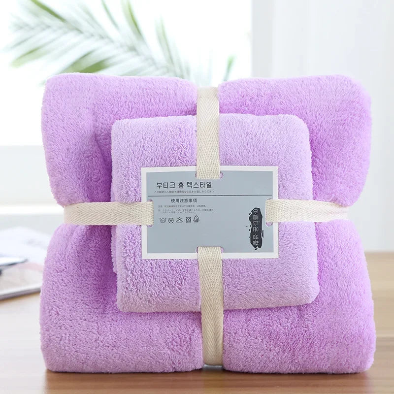 2pcs Set Luxury Super Large Towel Coral Fleece Bath Towel Set for Adults 70x140cm 35x75cm