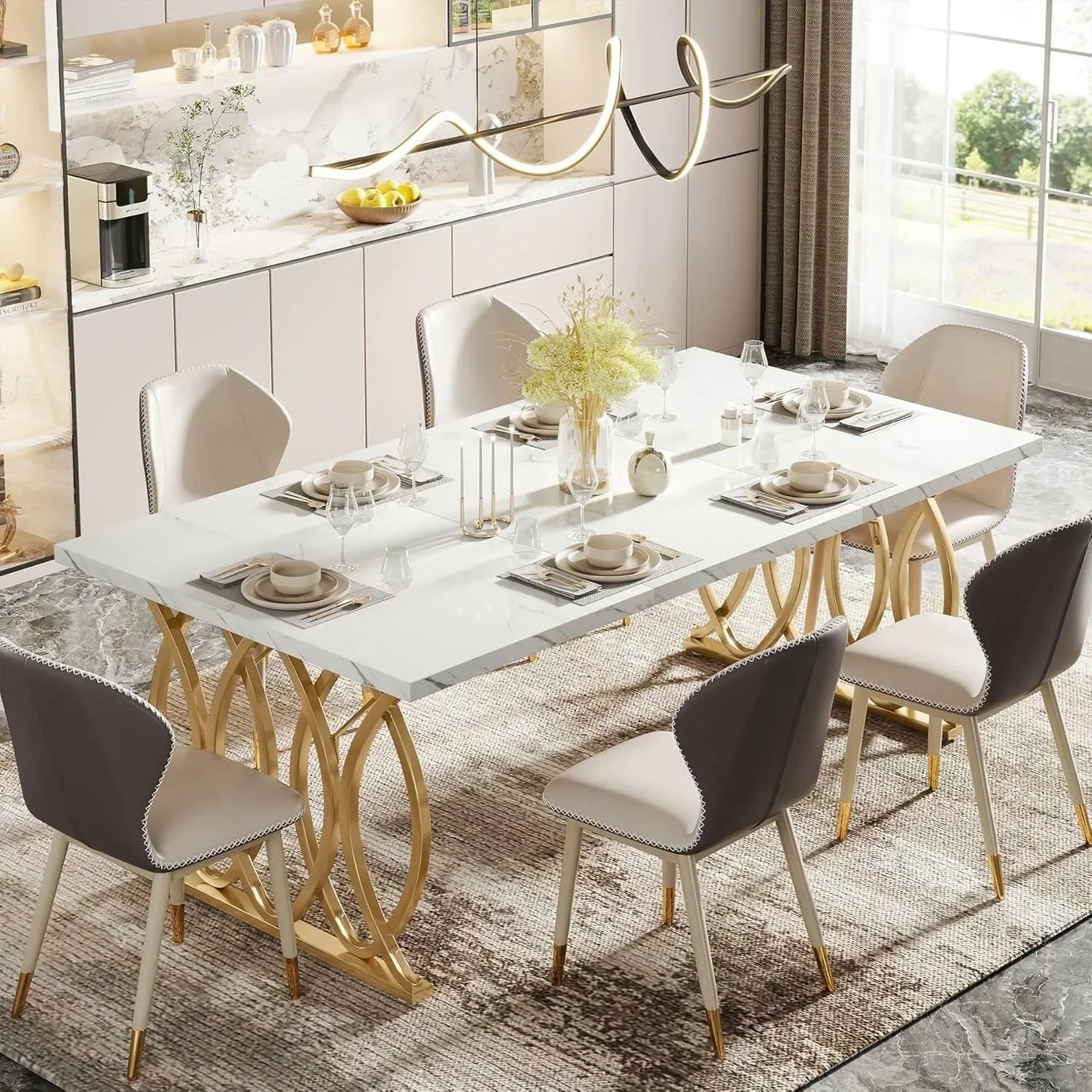 Modern Dining Table, 63" Large Kitchen Table for 4-6 People, Unique Rectangular Dinner Table.