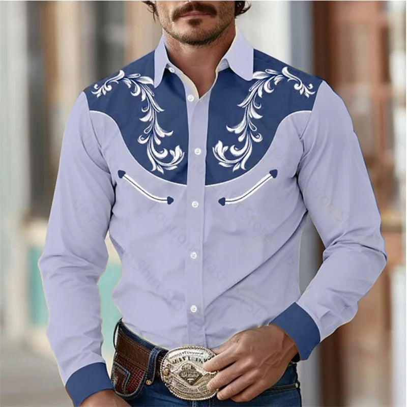 Floral Retro Western Men Shirt Outdoor, Street Casual Long Sleeve S-5XL Shirt.