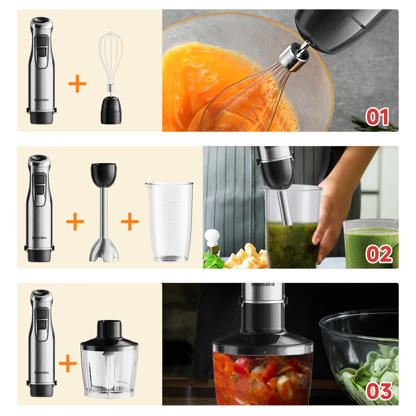 BioloMix 4 in 1 High Power 1200W Immersion Hand Stick Blender Mixer Includes Chopper and Smoothie Cup Stainless Steel Ice Blades
