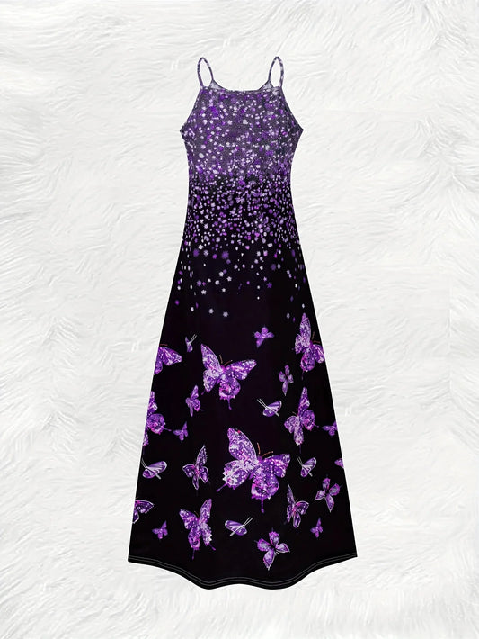 This round neck spaghetti strap maxi dress features a dazzling purple glitter, butterfly print on a sleek black base.