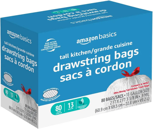 Bolsas de basura Ultra-Force para cocina alta con cordón, aroma clásico limpio, 13 galones, 80 unidades.
