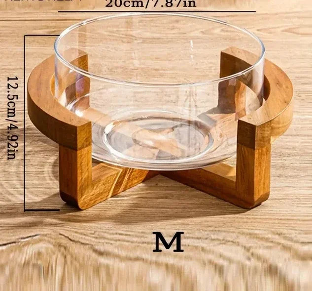 Elegant Glass Salad Bowl Set with Wooden Base.