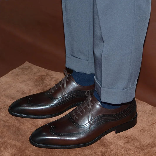 Men Wingtip Oxford Dress Shoes, Genuine Leather Brogue, Dark Brown Lace-up Pointy Toe, Business, Office, Wedding, Formal Shoes.