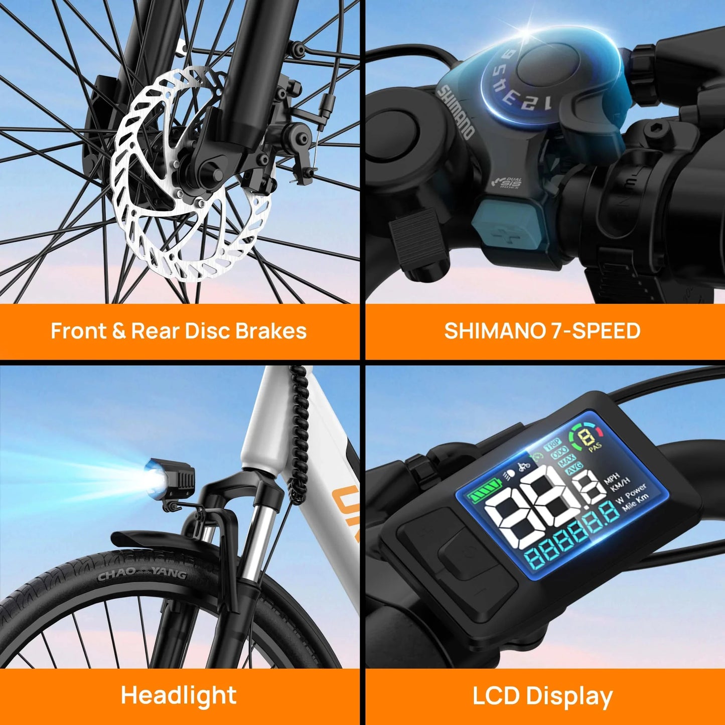 750W E26 Electric Bike 26x2" Commuter 48V 10.4Ah Removable Battery, 20MPH Speed 7-Speeds LCD Display.