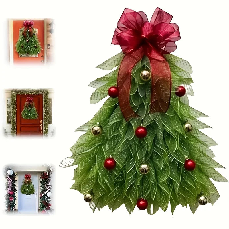 Elegant Door Decoration Red Ribbon ,Greenery & Golden Balls ,Easy Hang