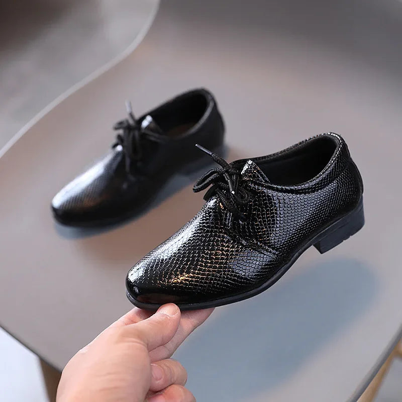 Boy Leather Shoe Black ,White Versatile Flats for School, Causal Fashion Lace-up Formal Uniform Shoes.