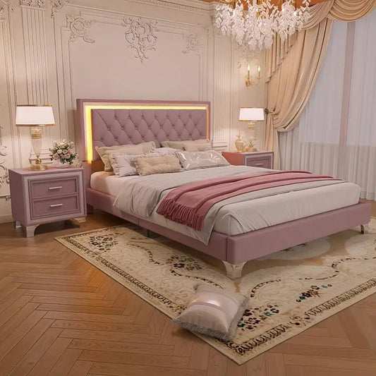 3-Piece Bedroom Set, Queen Size Upholstered Bed with LED Lighting & 2 Nightstands.