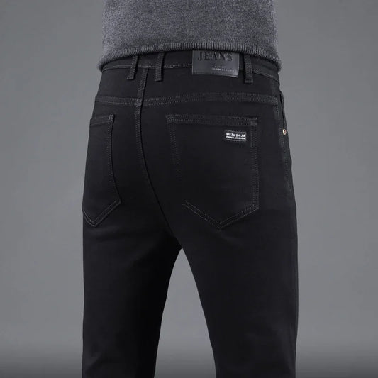 Nuevos Jeans Negros Puros Slim para Hombre, Pantalones Elásticos de Negocios de Moda Casual Vaqueros.