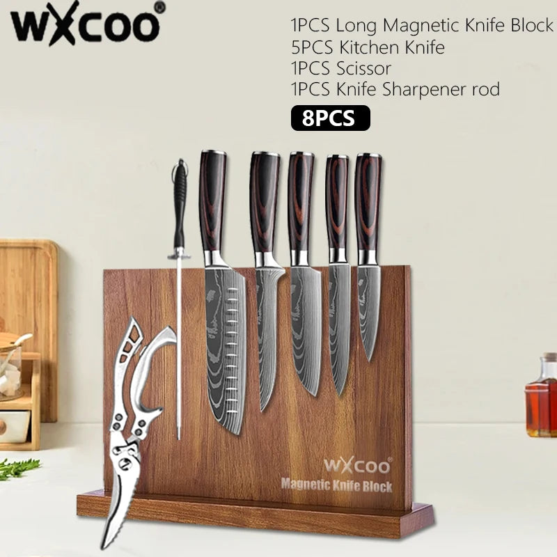 Damascus Steel Kitchen Knives VG10 Steel Fish Boning Knife Meat Cleaver Fruit Utility Cutter with Long Magnetic Knife Block