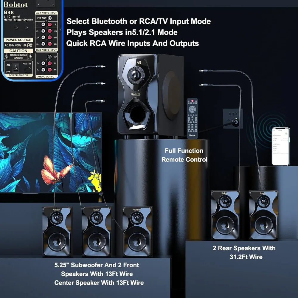 Surround Sound Speakers Home Theater Systems - 700 Watts Peak Power, 5.1/2.1Wired Stereo Speaker System, 5.25" Subwoofer Strong Bass.