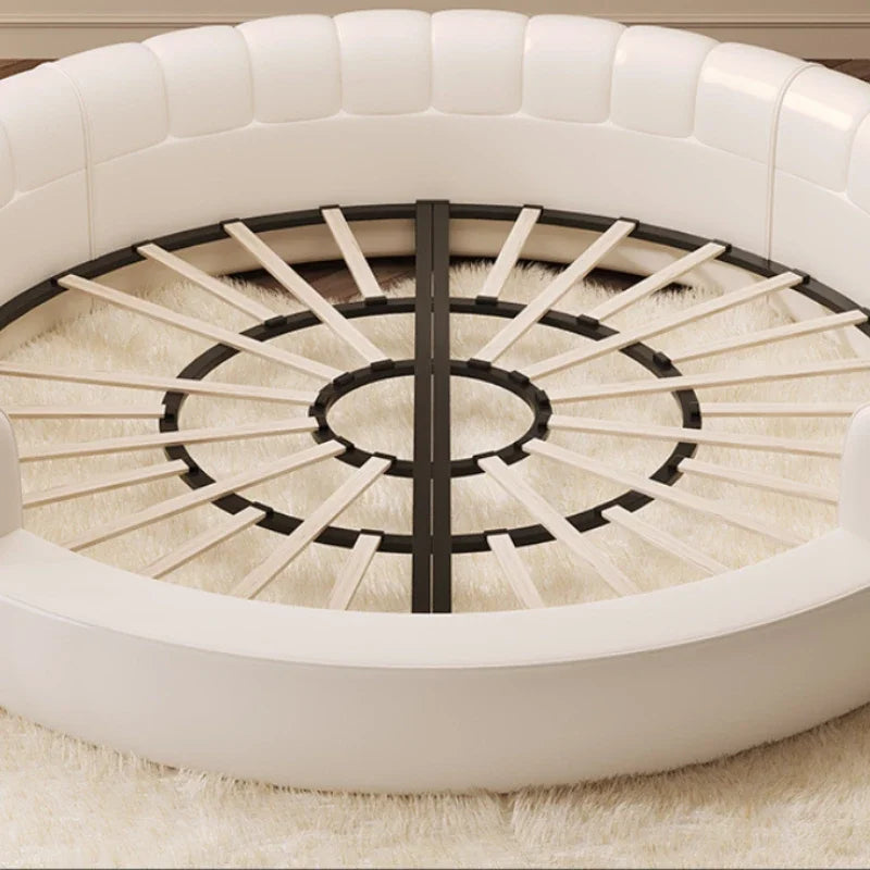 2.2×2m Master Bedroom Big Round Bed, Modern Hotel Guest House Cream White Leather, Full Bed Frame Lazy Cloud Sectional.