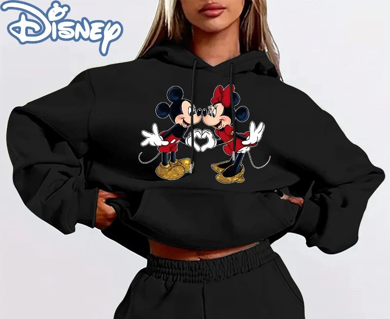 Women Mickey & Minnie Mouse Print Hoodie- Cozy Pullover with Drawstring Waist, Casual Fall/Winter.