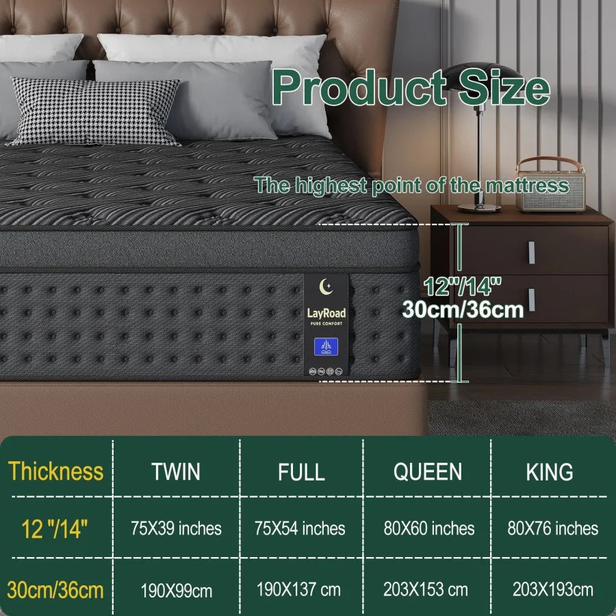 LayRoad 12/14Inch Memory Foam Spring Mattress Single/Double/Queen/King Sizes Boxed Mattress Medium Firmness Pressure Relief.