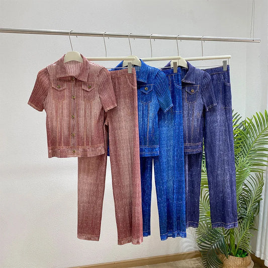 Denim Print Pleated Women's Two Pieces Set