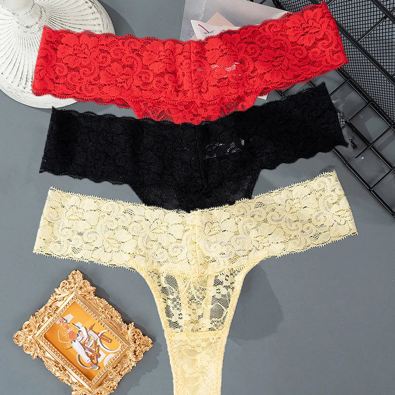3PCS Lace Floral Women Panties ,Low Waist Breathable Briefs Female Thong Underwear M-2XL Sexy G-String Transparent Panty.