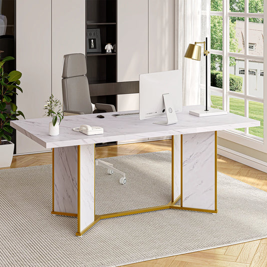 71 Inch Rectangular Dining Table for 6 to 8 People, Marble Kitchen Table Gold.
