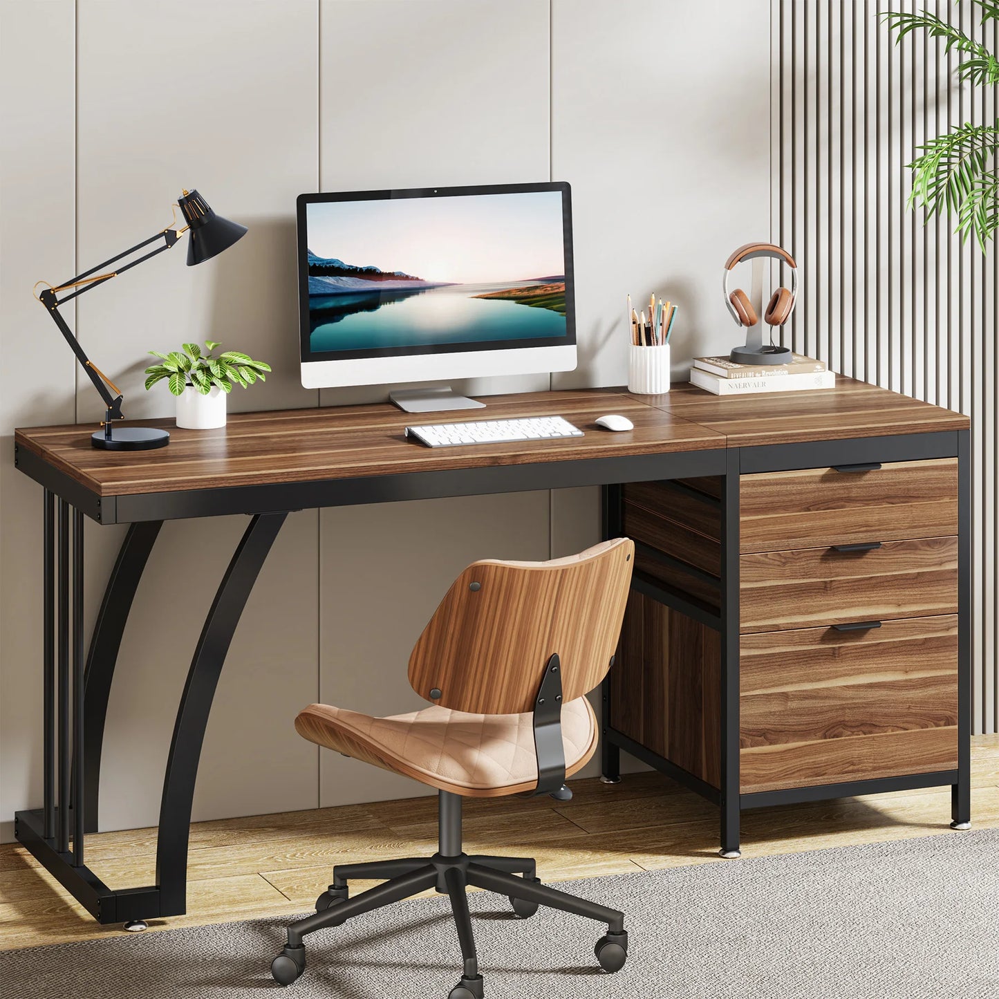 Computer Desk with 3 Drawers, 59-Inch PC Desk with Reversible Drawers, Industrial Study Table Workstation.