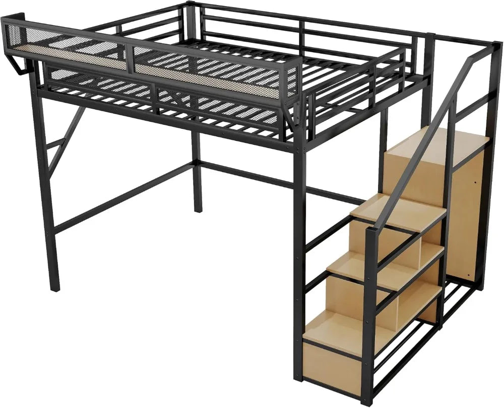 Queen Loft Bed with Staircase, Storage Shelves & Wardrobe, Metal Frame, Easy Assembly, Black