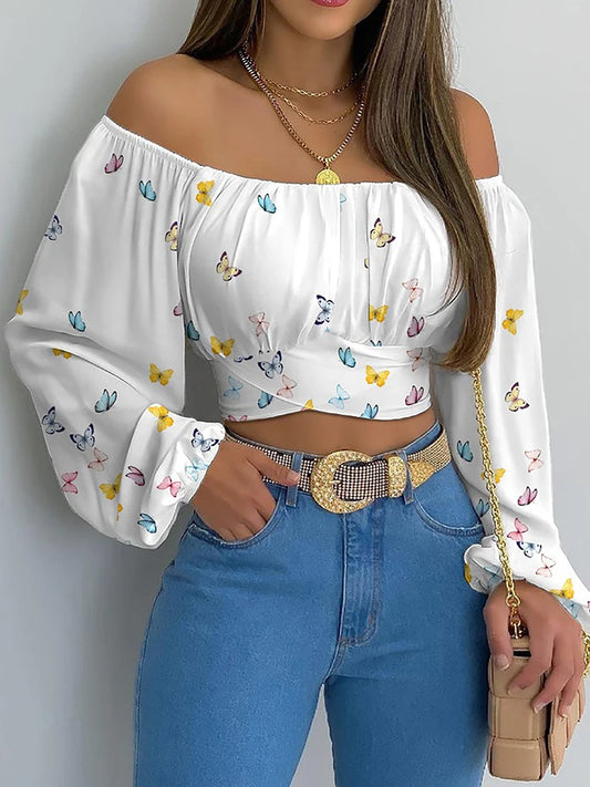 Women Sexy Off Shoulder Blouse, Chic and Elegant Long Sleeve Lace Up Bow Cropped, Casual Slim Shirts 2024.