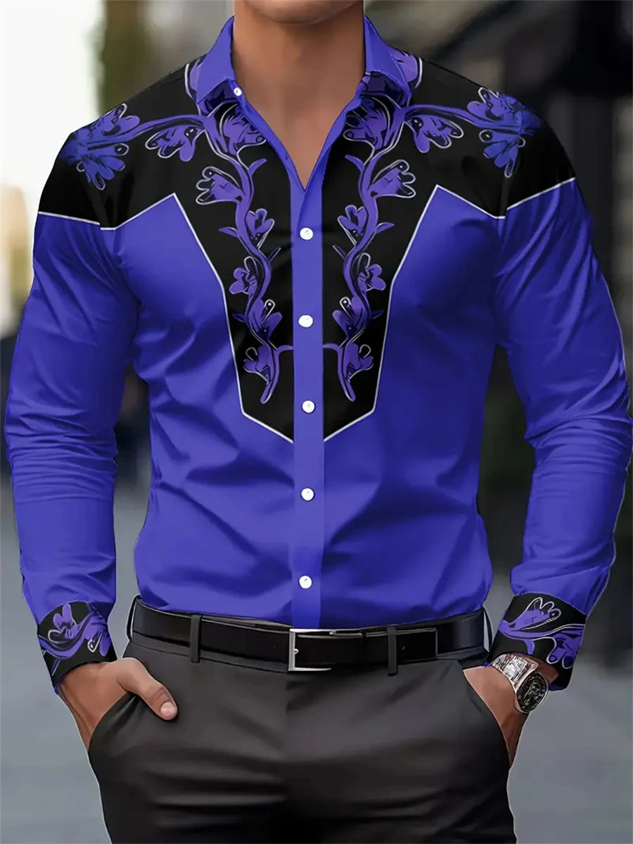 Men Long Sleeve Shirt, 3D Printing Style Vintage Denim Comfortable High Quality.