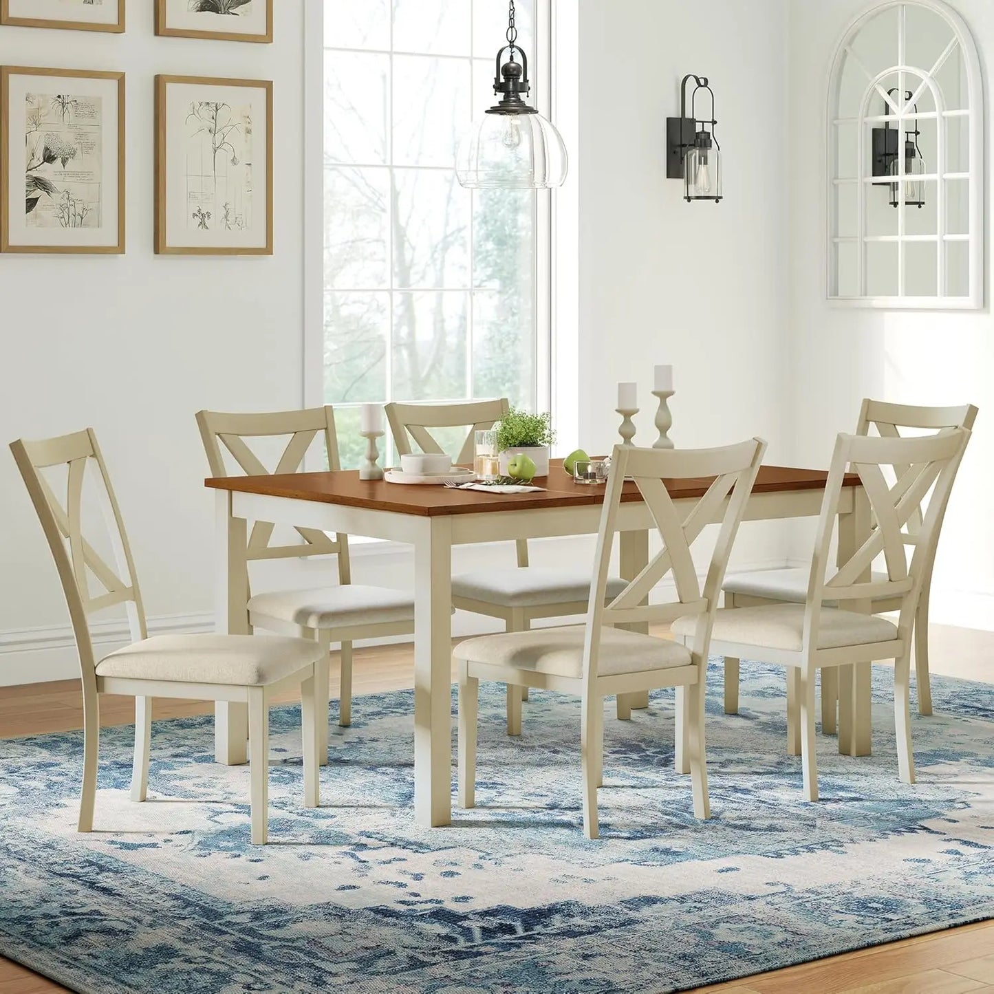7-Piece Farmhouse Dining Table Set, with 6 Upholstered Chairs, 60" Space-Saving Dining Table & Chair Set.
