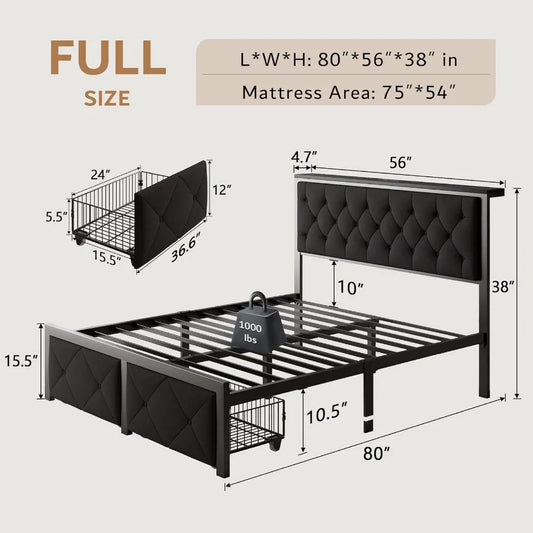 Full Bed Frame with 2 Storage Drawers Upholstered Headboard Charging Station No Box Spring Needed Metal