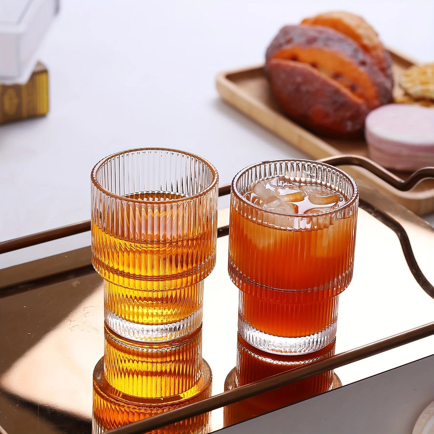 6pcs, 200ml/6.8oz Stackable Ribbed Glass Cups, Iced Coffee , Juice Cups, Reusable Glass Cups.