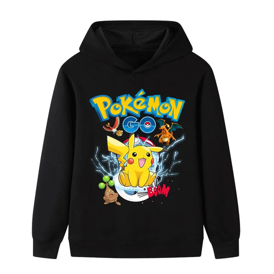 2026 Fall Winter Hot Sale Pokemon Pikachu Print Hoodie, 100% Cotton Anime Sweatshirt, Kids Parent-child Casual Sportswear Tops