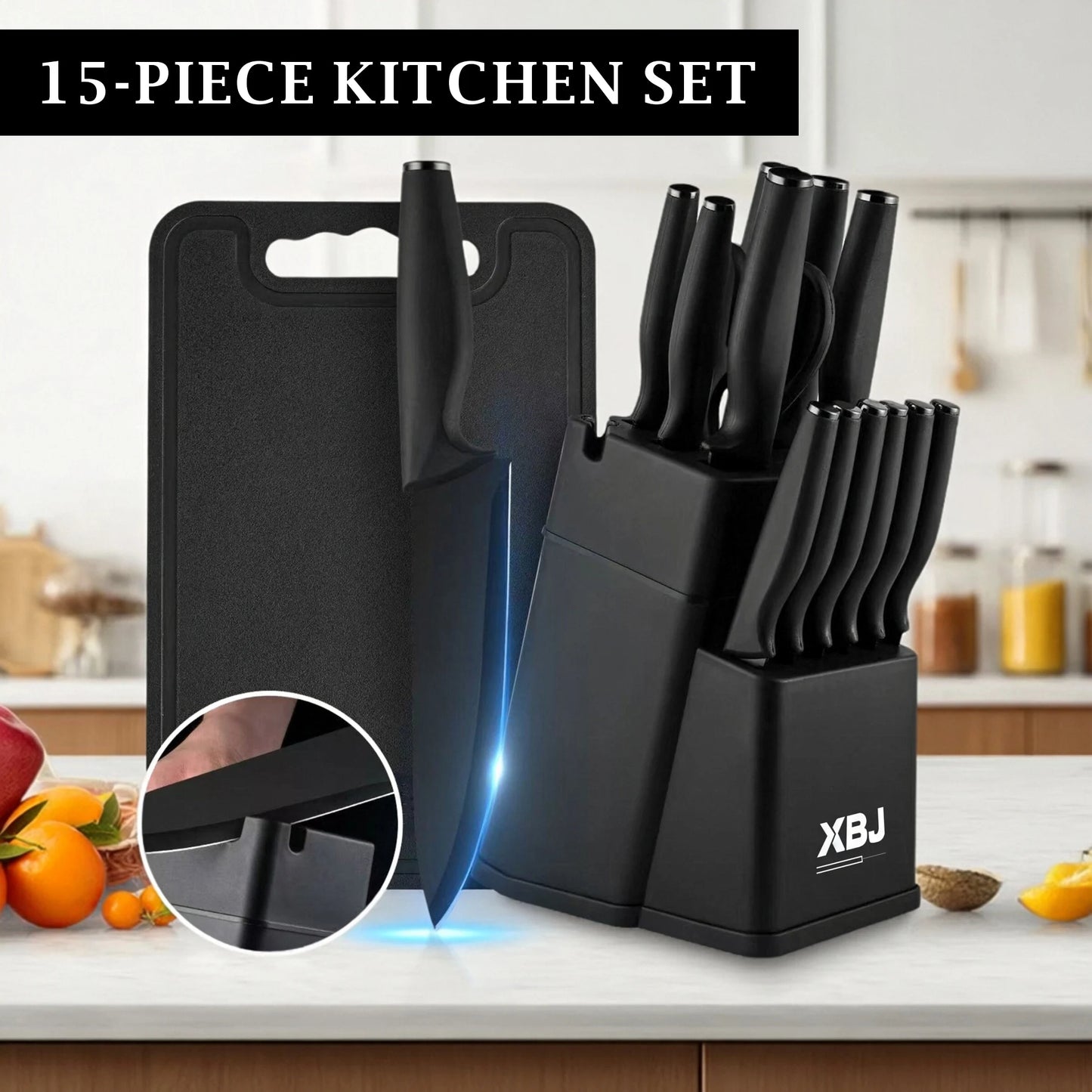 15-piece kitchen stainless steel knife set with knife holder, space-saving storage, full handling of ingredients.