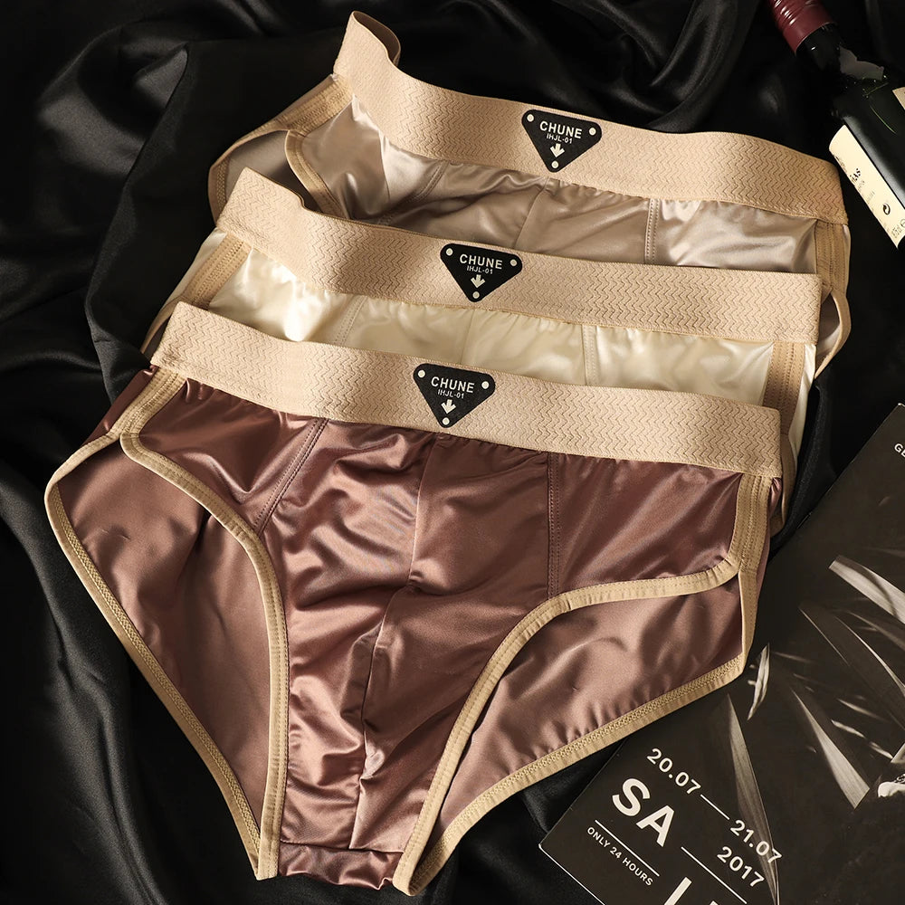 3PCS/Pack Luxury Satin-like Men Briefs, Ice Silk Hygroscopic Breathable Mesh Crotch High Elastic Men Underwear.