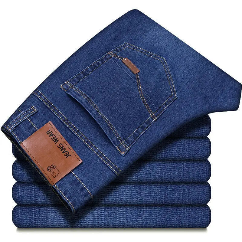 New Business Men Jeans, Casual Straight Stretch Fashion, Classic Blue, Black Work Denim Trousers.