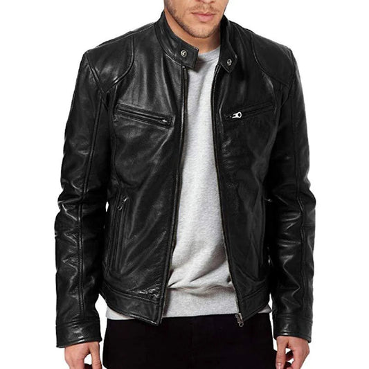 Chaqueta de cuero para motocicleta para hombre 2024, estilo casual, entallada, con solapa.