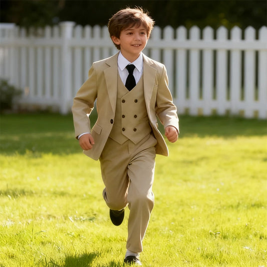 High Quality Kids Suit Set, 4-Piece Slim Fitting Jacket, Pants, Vest, Bowtie, One Button Communion Kids Suits.