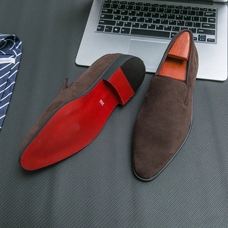 New Red Bottom Shoes for Men, Loafers, Flock, Solid Slip-On Dress Shoes Size 38-48.